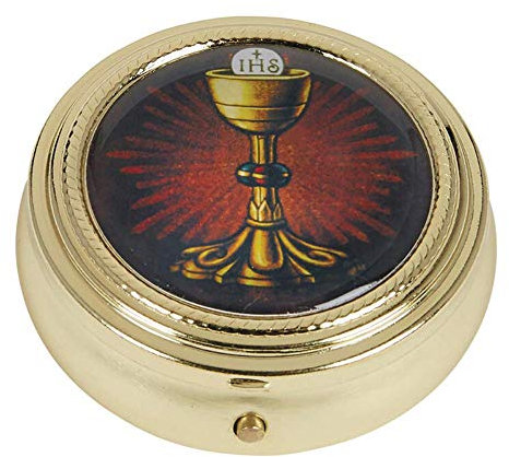 Catholic Pyx Case Gold Tone IHS Chalice and Host Communion PYX with Epoxy Lid, 2 1/4 Inch