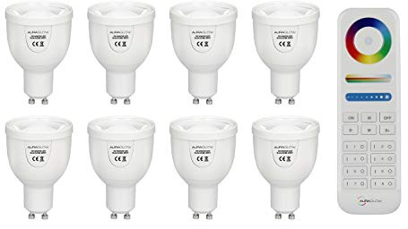Auraglow 2.4GHz RF Remote Control CCT 5W Dual White LED GU10 Bulb Dimmable Adjustable Colour Temperature, Daylight, Cool, Neutral, Warm 2700K to 6500K, 50W EQV - 8 Pack with Remote | 5W dual white spotlights, 50W equivalent, daylight to warm settings, multi zone, no hub needed, fits standard downlights