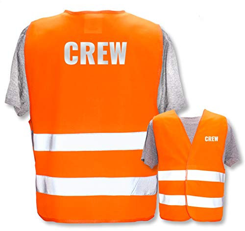 Bedruckte Warnwesten mit ISO-Leuchtstreifen * Standard- oder Reflex-Druck * Thema Sicherheit & Team, Warnweste Begriffe Security:Crew (Reflektierend), Farbe + Größe:Orange (M/L)