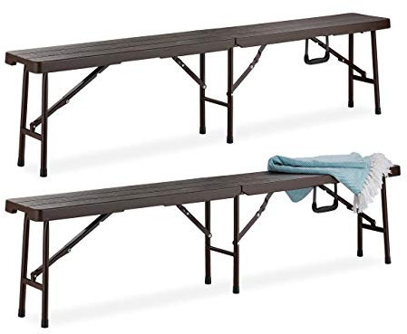 Relaxdays Bierbank 2er Set, Faltbare Partybank für Balkon & Garten, Kunststoff, Campingbank, 42,5 x 179 x 24,5 cm, braun