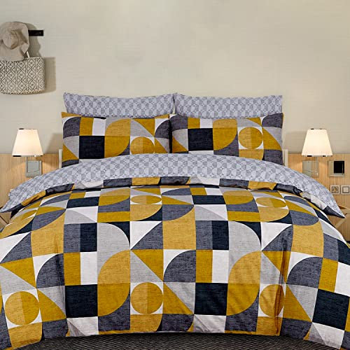 DTEX HOMES 100% Cotton Duvet Cover Set Printed Reversible Duvet Quilt Cover Set,Geometric Mustard and Grey-Double