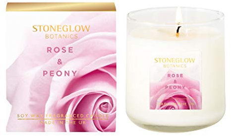 Stoneglow Botanic - Candela in scatola con rose e peonia, 190 g, in bicchiere di vetro