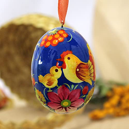 Bunte Ostereier zum Aufhängen aus Holz mit der Huhn und dem Küken handbemalt, Ukrainische Eier Pysanky