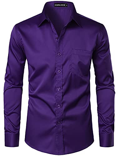PARKLEES Men's Urban Stylish Casual Business Slim Fit Long Sleeve Button Up Dress Shirt with Pocket Purple M