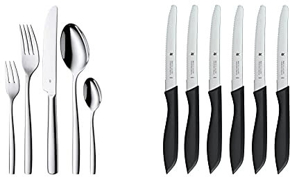 WMF Palma Edelstahl Besteck Set 6 Personen, Essbesteck Set 30 teilig, Monobloc-Messer & Classic Line Frühstücksmesser Set 6-teilig, 23 cm, Brötchenmesser Wellenschliff, Brotzeitmesser