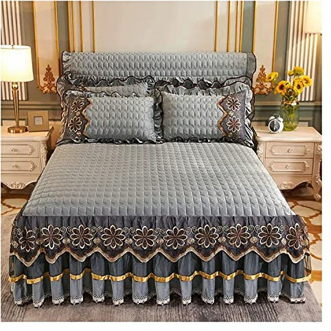 RTSFKFS 3- Teiliges Set Bettrock Tagesdecke Spitze Rüschen Bett Rock Bett Abdeckung Samt Gesteppt Bettrock mit Rüschen 200/220/ 180 Verdicken Warm Prinzessin Spitze Matratzenbezug