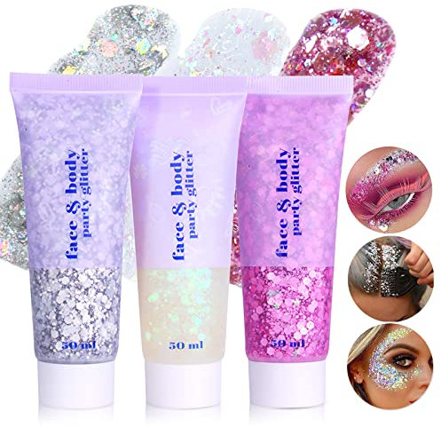 Prreal Body Glitter Gel 3 bottiglie, Face Glitters Body Sequins Shimmer Liquid Eyeshadow, Chunky Glitter for Face Hair Nails, Olographic Cosmetic Laser Polvere Glitter Makeup #White+Sliver+Rosa
