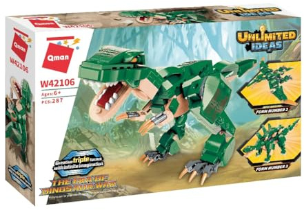 QMAN® W42106 – „Zeitalter der Dinosaurierkrieger“ – 3‑in‑1 Dinosaurier-Bauset, 287 Teile, 100% kompatibel mit Bausteinen Anderer führender Marken