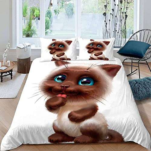VASENA Bettwäsche Thailändisches Kätzchen Bettwäsche 135x200 Kinder Süße Tiere Bettbezug Set Weich Microfaser Kinderbettwäsche 3 Teilig Mit ReißVerschluss Mit 2 Kissenbezug 80x80 cm