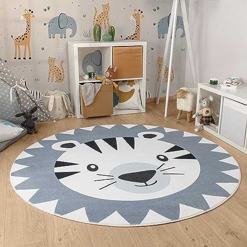 Paco Home Kinderteppich Teppich Kinderzimmer Rund Spielmatte Babymatte Waschbar Bis 30 Grad Löwenkopf Bärenkopf Moderne Deko, Grösse:Ø 100 cm Rund, Farbe:Grau