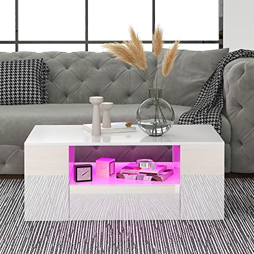 Merax Moderner Couchtisch Hochglanz Wohnzimmermöbel 2 Schubladen und 2 Regalsofa Couchtisch Beistelltisch (Weiß, 95 x 53 x 37cm)