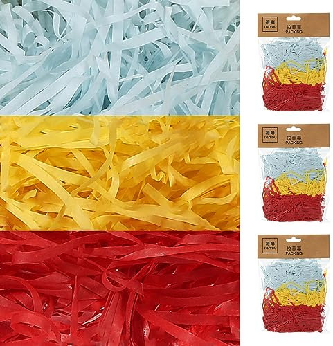 sourcing map Ostern Gras Korb Füllstoff Gras 3 Farbe (Rot Gelb Blau) Raffia Recycelbarer Papierschnipsel Füllstoff für Geschenk Verpackung Osterkorb Füllung und Party Dekoration- 5 Pack