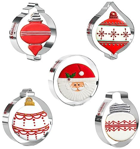 Orapink 5 Pieces Christmas Cookie Cutters -Stainless Steel Cookie Cutters -Christmas Ornament,Light Bulb,Round Cookie Cutters