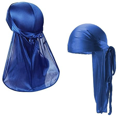 JITNGA 1 Stück Seiden-Durag-Kappe Long Tail Breathable Pirate Headwraps Cap For Waves Soft Bandana Turban Hat Hair Loss Chemo Cap (Blau)
