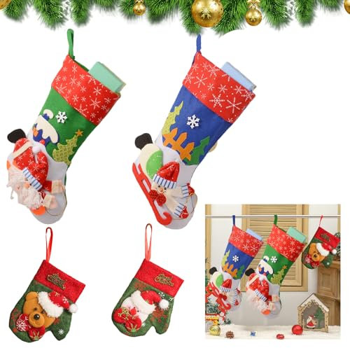 tangger 4PCS Calza di Natale Set Calza Natale Personalizzata Calzini Natale Neonato Sacchetti Regalo Christmas Stockings Sacchetto Regalo Calze Natalizie Natale Decorazioni casa(2 Taglie)