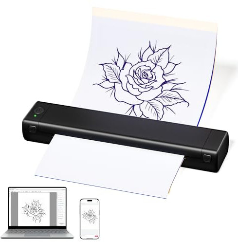 ASprink Impresora Tattoo, M08F Impresora Tatuajes Bluetooth, Impresora Térmica A4 Tattoo Compatibles con 10 pcs de Papel de Transferencia Tatuajes