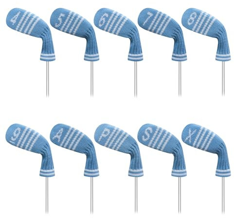 LeFeng 10 Pieces 4-9/A/P/S/X Knitted Golf Iron Head Covers Set Lightweight and Durable Material Multiple Patterns Golf Club Head Covers (Blue Stripes)