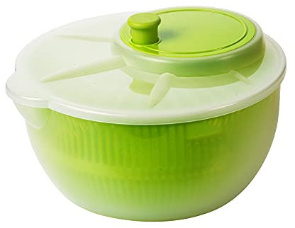 2friends Salatschleuder mit Deckel Salat Trockner Ã˜25 cm, Höhe 13 cm, 4 Liter Fassungsvermögen, mit Ausguss, Spülmaschinengeeignet Robustes PP Material, Grün/Transparent, Premium EU-Qualität