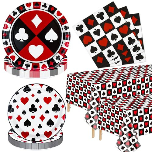XJLANTTE Lot de 122 décorations de fête de casino - Service de table de poker comprenant des assiettes, des serviettes et une nappe sur le thème du casino de Las Vegas, pour 40 invités