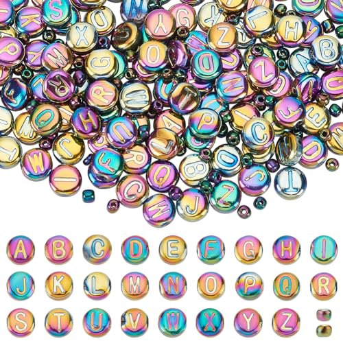 PH PandaHall 244pcs Perles de lettres en verre 10mm Perles Alphabet Rondes Plates Petites perles d'espacement multicolores Bracelet en perles de lettres pour l'artisanat, porte-clés, collier, bijoux