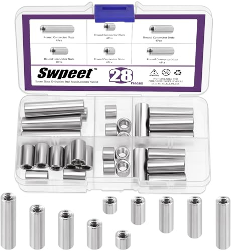 Swpeet 28Pcs 5 Sizes Metric M6 X 1.0-Pitch X 8mm/15mm/25mm/30mm/40mm Length 304 Stainless Steel Round Connector Nuts Coupling Nuts Assortment Kit, Female Thread for Camera Pan, Lamp Bracket