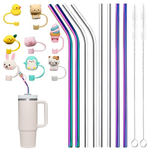 Peiyee 8 Pcs Pailles En Acier Inoxydable De 30 Cm De Long,Pailles RéUtilisables En MéTal,Paille En Inox Avec 2 Brosses De Nettoyage + 8 Couvercles De Paille Pour Cocktails,Thé Au Lait,Boissons(ø8mm)