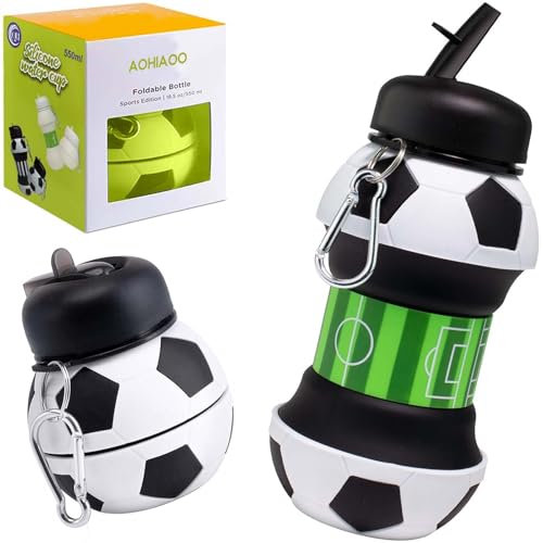 AOHIAOO Gourde de Football Pliable, Gourde pour Enfants Garcon et Filles Sans BPA, Extérieur Portable Gourdes de Camping et Randonnée, Bouteille d'eau en Silicone Capacité 550 ml
