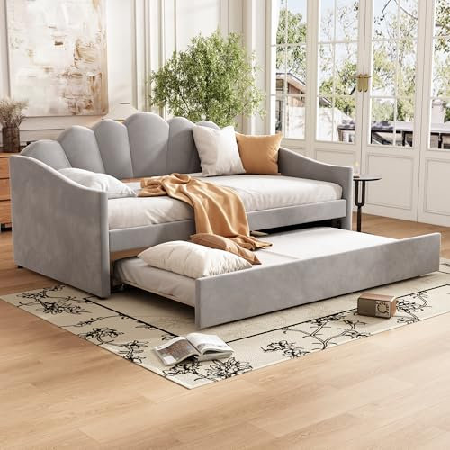 Merax Upholstered Single Bed, 3FT DayBed, 90x190cm Trundle Bed, DayBed SofaBed with Trundle (90x175cm), Pull Out SofaBed for Adults & Teenagers, Grey Velvet