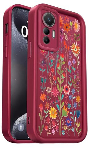 PanXCase Silikon Hülle für Xiaomi 12 Lite | Weiche Leichte Hülle, Kameraschutz, Stoßfest, Kratzfest, Ergonomisch Konkave Rückseite, Komfortabler Griff, Wine Red,Flowers