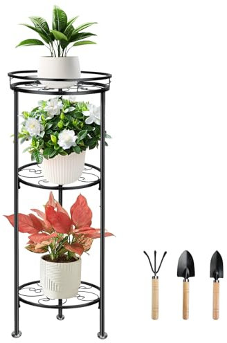 Chostky Soporte para plantas de 3 niveles para interior y exterior, maceta de metal, soporte para plantas, resistente y resistente, soporte para plantas redondo inoxidable con accesorios de jardín