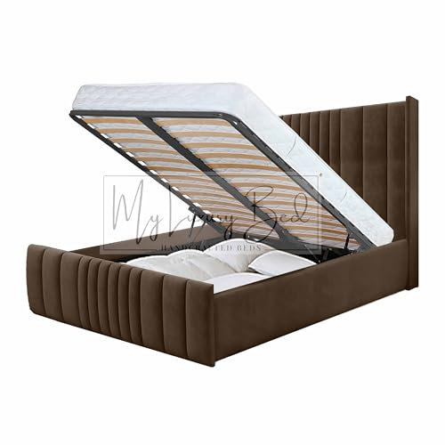 High Headboard Luxury Wingback Bed Frame With Gas Lift Storage - Gas Lift Ottoman Storage bed with 49 inches high headboard In same Plush Velvet Fabric (DARK BROWN, 6FT Super King Size)