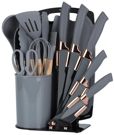 Küchenmesser Set 19-in-1, Küchenutensilien Set und Messer Set mit Block, schließen 11-PCS Silikon Kochutensilien Set 5 PCS Scharfe Edelstahl Kochmesser Schere und Schneidebrett ein (Grau)