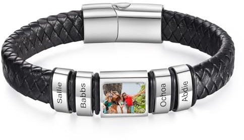 ALBERTBAND Personalisierte Armbänder für Männer Lederarmband mit Namen Foto Gravur Geschenke für Männer Papa Ehemann Freund Großvater (Silber-4 name)