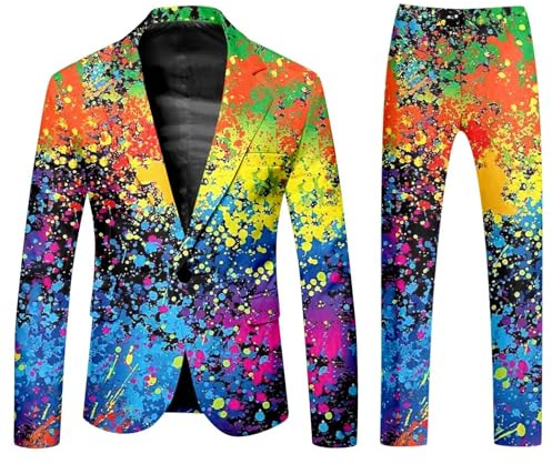 RUMAOZIA Anzug Kostüm Herren Lustiger Masken Anzug Prom Suits Party Jacke und Hose 2 Teilig Set Karneval Mottoparty kostüm Faschingskostüme mit Bunten Drucken 60er Jahre Pop Art Style Outfit