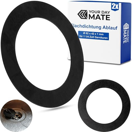 Flachdichtung für Ablaufventil, 2 Stück, Ø 62 x 42 x 1 mm, für 1 1/4 Zoll Waschtisch Garnituren, Spültisch Ablauf Ventil Ersatz Dichtung, Dichtungssatz Küchenarmatur, Dichtring Installationssystem