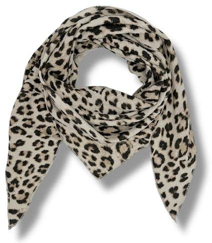 Ziona Musselin Tuch Damen Leo Dreieck Frühling Sommer Halstuch Leicht Leoprint Schal Baumwolle Leopardenmuster Made in Italy 195x72cm (Beigeschwarz-Braun)