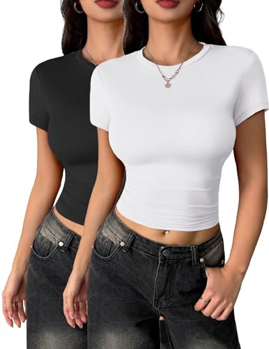 Zeagoo Women's Fitted Tshirt Short Sleeve Crop Top Basic Tight Top Crew Neck Solid Stretch T Shirt Summer Streetwear XS-XL