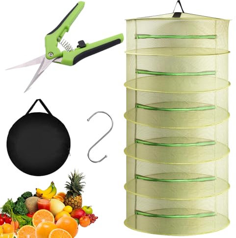 Lotvic Secador de hierbas de 6 capas, secado de hierbas, secado con cremallera, gancho y tijeras para podar, plegable, para carne, plantas, flores, pescado, verduras, verde, 60 cm