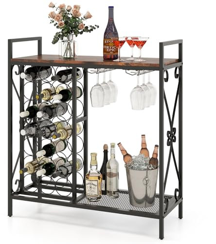 COSTWAY Casier à Vin pour 21 Bouteilles, Organisateur de Bouteilles de Vin sur Pied avec Support en Verre et Plan de Travail en Bois, Cadre en Métal Rustique, Etagère de Rangement pour Cuisine