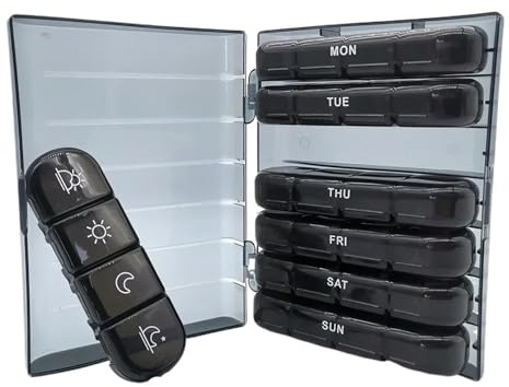 Pill Cases Box Organizer 7 Days 28 Grids 4 Times Portable Travel with Large Compartments for Vitamins Tablet Fish Oils(Black)