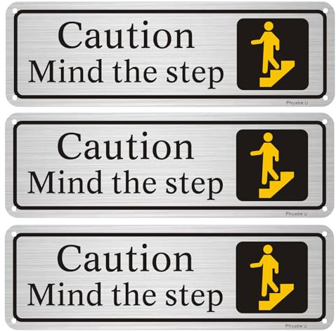 Phyabe 3 Pack Caution Mind The Step Sign, 25 x 8 cm Aluminum Self-Adhesive | Watch Your Step Safety Sign, Rust Free , Weather Resistant, Waterproof, Durable Ink, Pre-Drilled Holes, Easy to Install