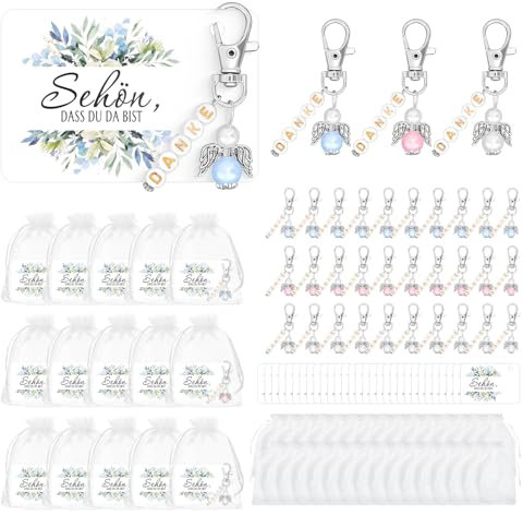 Schutzengel Anhänger Gastgeschenke, 30 Stück Gastgeschenke Hochzeit Schlüsselanhänger Mit Organza Beutel, Karte, Schön Das Du Da Bist Gastgeschenke Kommunion, Gastgeschenk Taufe, Dankeschön Geschenke
