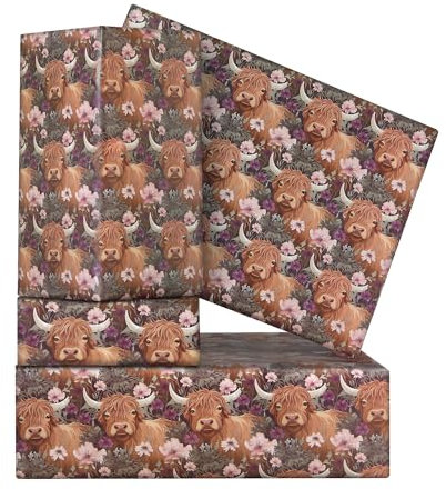 Highland Cow Geschenkpapier für Kinder, Mädchen, Jungen, Aquarell-Yak-Geschenkpapier – 4 Bögen, flach gefaltet, 50 x 70 cm, florales Kuh-Geschenkpapier für Yak-Thema, Geburtstag, Hochzeit, Urlaub