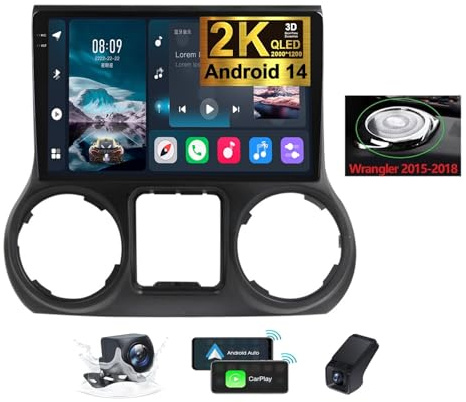 ZZPHKK Android 14 Autoradio Carplay Android Auto für Jeep Wrangler 3 JK 2010-2018 mit 10 Zoll HD 2K Touchscreen mit Bluetooth 5.0 4G 5G WiFi GPS-Navigation FM/RDS SWC+Rückfahrkamera(B,2K M200S)