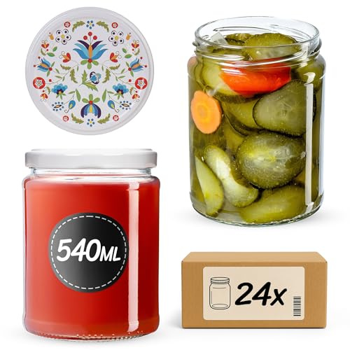 KADAX Einmachglaeser 540ml 24er Set TO82 Blumen | Mason Jar Sturzglaeser | Schraubdeckel luftdicht | Marmelade Honig | spuelmaschinenfest