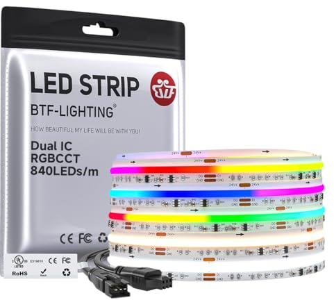 BTF-LIGHTING COB RGBCCT SPI LED Streifen Adressierbarer Dual IC 5M 840LED/m | Dimmbar RGB+CCT,Einstellbares Weiß 3000K-6000K,Flexibel LED Band 24V IP30 Weiße PCB für Heimdekoration(Nur Streifen）