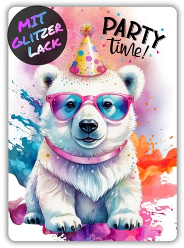 celebr8te 12x Party Eisbär Glitzer Einladungskarten - Teenager Kindergeburtstag Jungen & Mädchen - coole Tier Geburtstagseinladungen inkl. Messenger Bild & Urlaubsgutschein