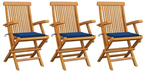 IBUQDDV 3 Stück Gartenstühle aus Massivholz Teak mit Königsblauen Kissen für Terrasse Garten Innenhof Wetterbeständige Holzstühle Klappstühle