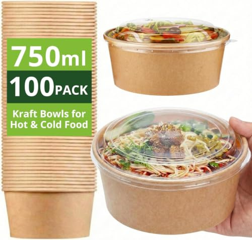 Ask Packaging 100 x 750ml Kraft Salad Paper Bowls with Lids – Takeaway Containers for Hot & Cold Food – Leak-Resistant Soup Bowls – Disposable Food Containers for Restaurants & Meal Prep