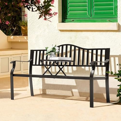 Avestar 2-3 Sitzer Gartenbank Metall Wetterfest, Sitzbank mit Rückenlehne & Armlehne, Balkonbank mit Integriertem Tisch für Balkon Terrasse & Garten, Schwarz